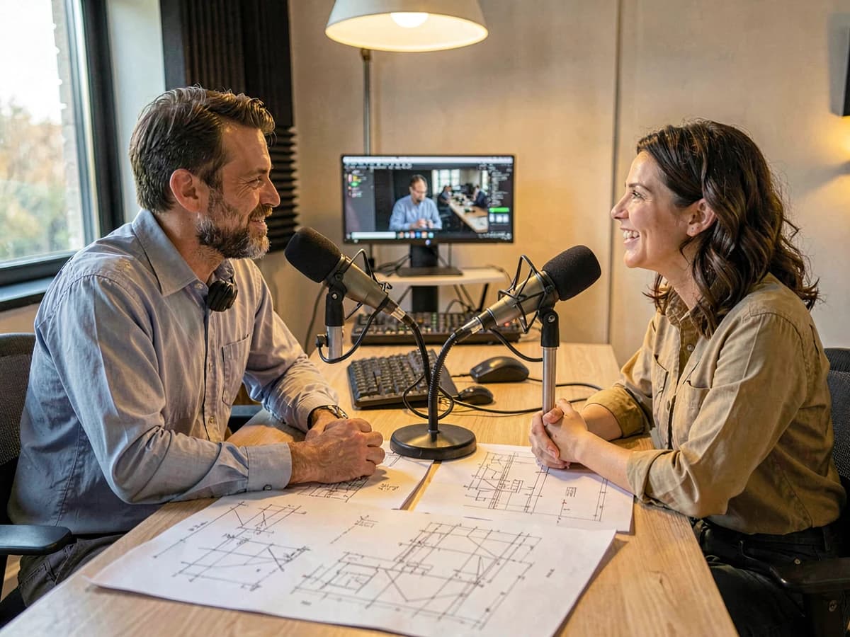 Dois profissionais da construção civil conversando em uma mesa com microfones de podcast e plantas de obra