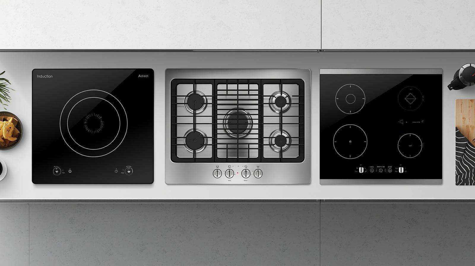 Cozinha brasileira moderna com cooktop portátil de indução ligado em tomada de cozinha, ao lado de fogão a gás tradicional desligado, mostrando contraste entre duas tecnologias. Luz natural de janela. Panelas de aço inox em segundo plano.