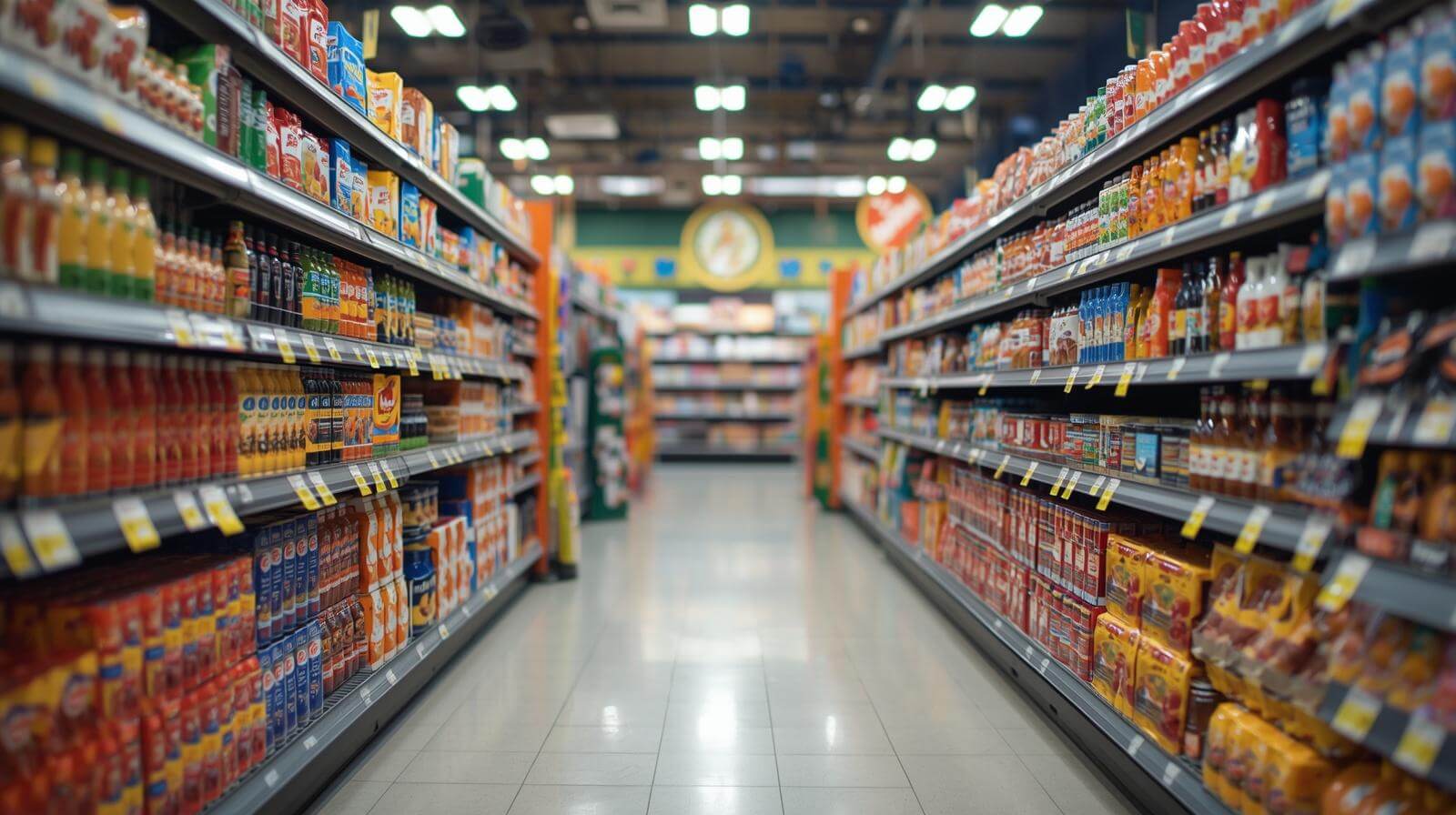 Cena real de interior de supermercado em reforma, mostrando divisórias sendo construídas, pisos sendo preparados, prateleiras metálicas vazias e corredores marcados com giz. Operário em primeiro plano trabalhando em divisória de alvenaria. Luz natural de janelas altas. Foto em ângulo que mostra a dimensão da obra.