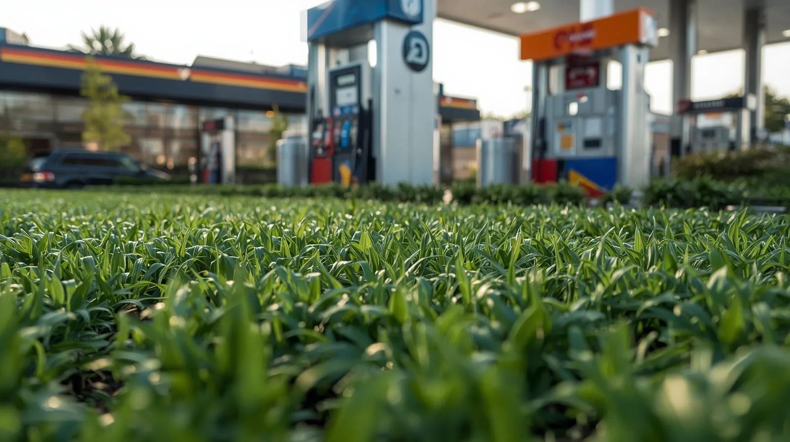 Terreno em expansão urbana com vegetação nativa remanescente e marcações de topografia, mostrando área de pista de combustível planejada em contraste com zona de mata preservada ao fundo