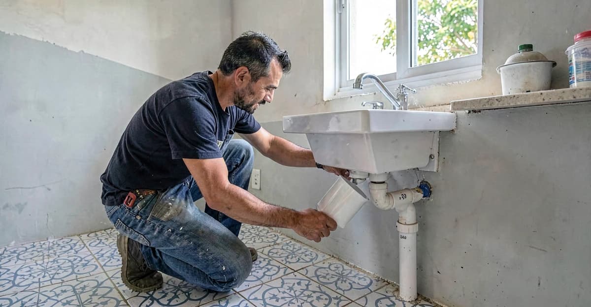 Encanador brasileiro instalando caixa de gordura PVC branca sob pia de cozinha, piso de cerâmica, tubulação DN50 visível, luz natural, obra residencial em andamento