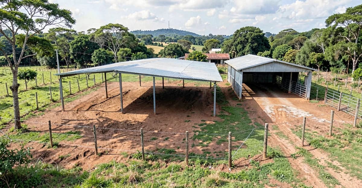 Visão aérea de propriedade rural brasileira com curral aberto alambrado, baia coberta individual com telhado metálico e estábulo estruturado, mostrando as três estruturas lado a lado em terreno com drenagem aparente
