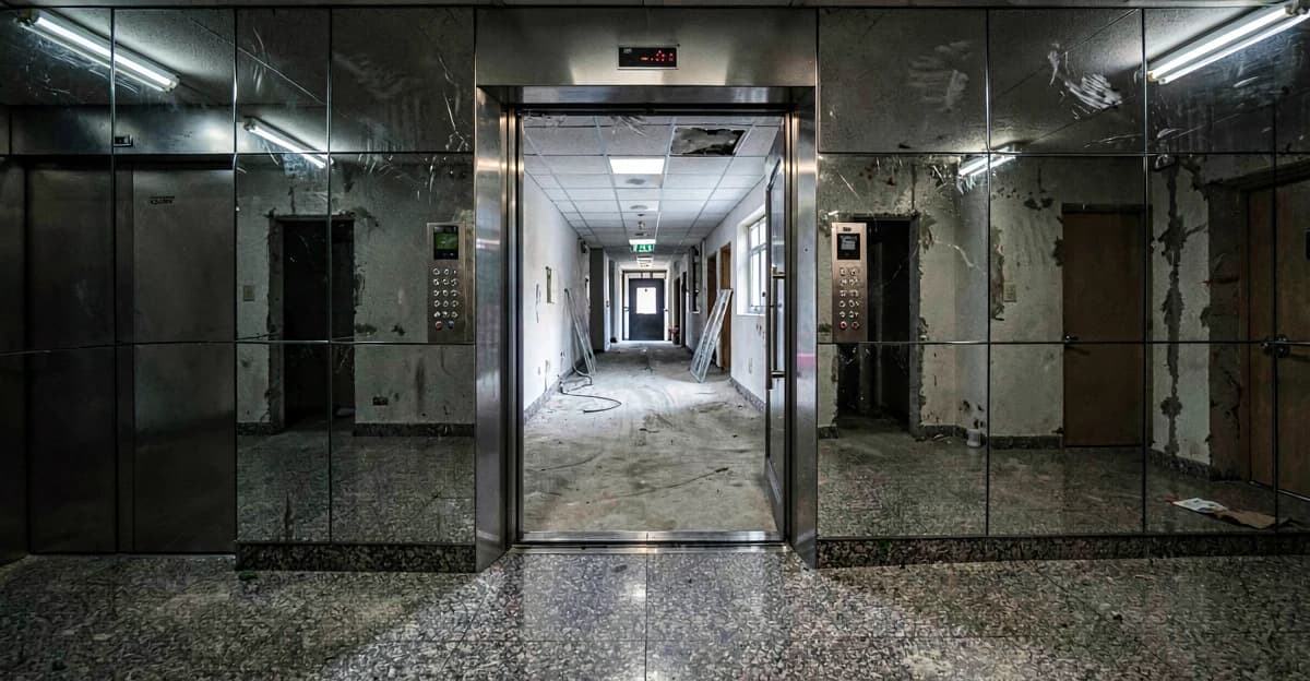 Cabine de elevador residencial com paredes espelhadas e painel de botões, vista interna mostrando piso de granito e porta aberta com vista para corredor de prédio em construção ou manutenção, iluminação fluorescente do interior da cabine