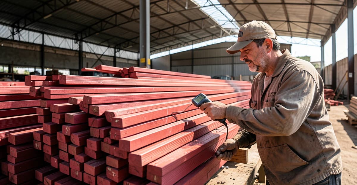 Cena de canteiro de obras em São Paulo: pilha de vigas de eucalipto recém-entregues, peças aparelhadas, rosa-avermelhadas, sendo inspecionadas por carpinteiro com medidor de umidade digital, telhado de galpão parcialmente montado ao fundo, luz solar natural
