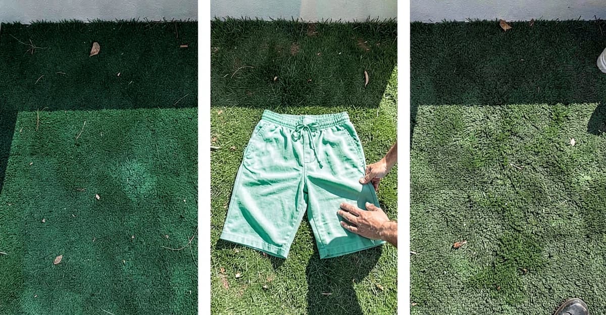 Fotografia aérea de três parcelas lado a lado em obra residencial brasileira: grama esmeralda verde-escuro brilhante, bermuda verde claro viçoso, zoysia verde-escuro com textura fina. Paisagista apontando diferenças. Luz natural, pós-plantio dias 30.