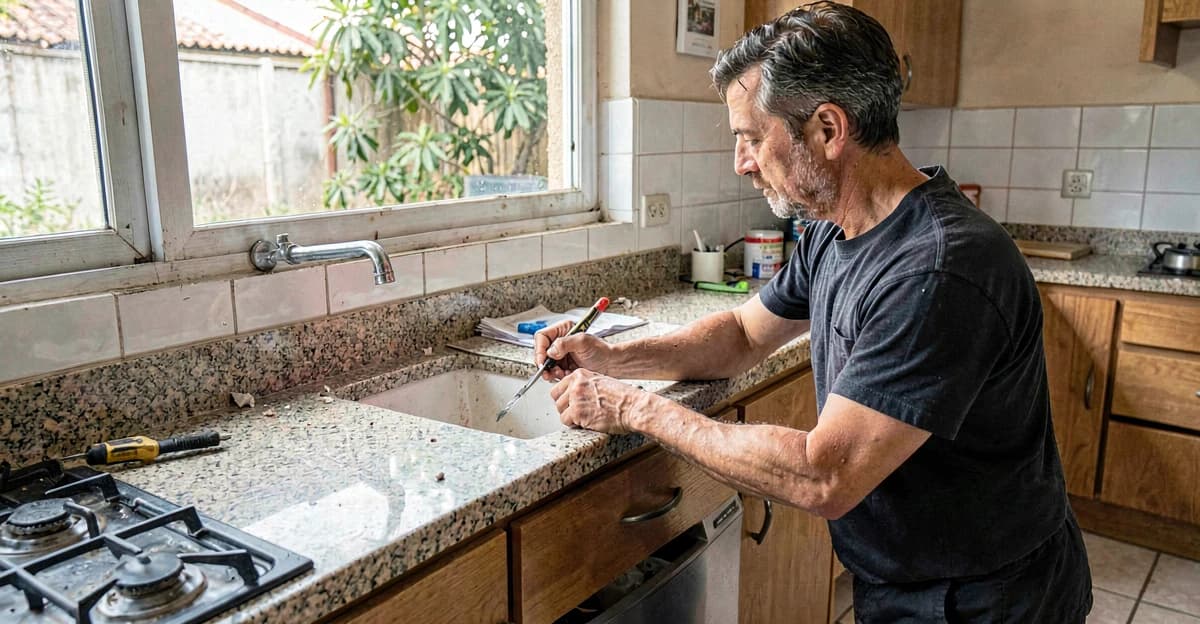 Obra em andamento: pedreiro instalando granito em bancada de cozinha residencial, mostrando cortes, encaixes e acabamento em ambiente real brasileiro com iluminação natural