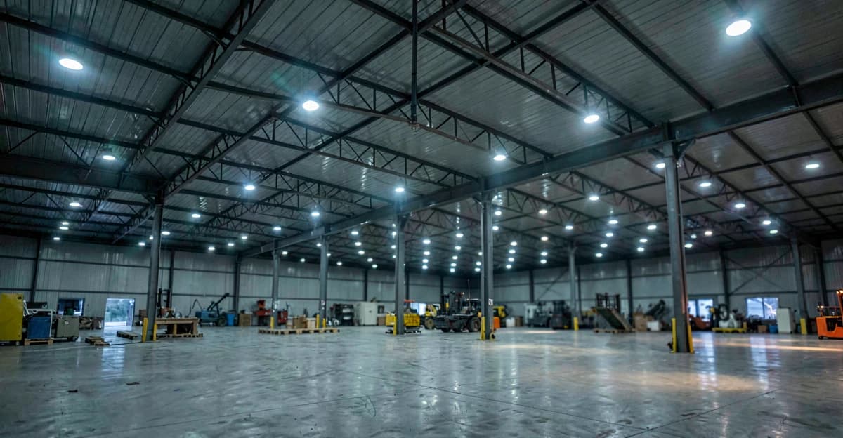 Galpão industrial de 3000m² com cobertura metalon, vista angular noturna com iluminação LED branca uniformemente distribuída em 30 pontos, sem sombras, com piso de concreto e máquinas ao fundo desfocadas, foto realista em 1920x1080