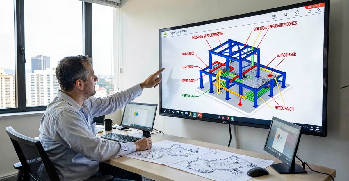 Sala de reuniões de escritório de arquitetura em São Paulo: tela grande exibindo modelo BIM 3D colorido (estrutura azul, hidráulica verde, elétrica vermelha, HVAC amarelo) com marcadores vermelhos indicando conflitos detectados automaticamente. Arquiteto apontando para tela, ao fundo mesa com computadores e plantas impressas. Luz natural de janela com vista de edifícios. Realismo máximo, foto profissional.