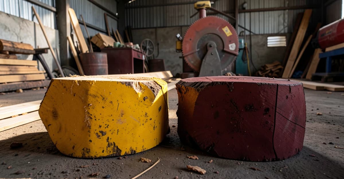 Troncos de ipê e jatobá lado a lado em pátio de madeireira, em luz natural de manhã, mostrando diferença de cor: ipê amarelo intenso, jatobá mais escuro avermelhado, serra circular ao fundo, marcas de corte visíveis, ambiente de trabalho profissional brasileiro.