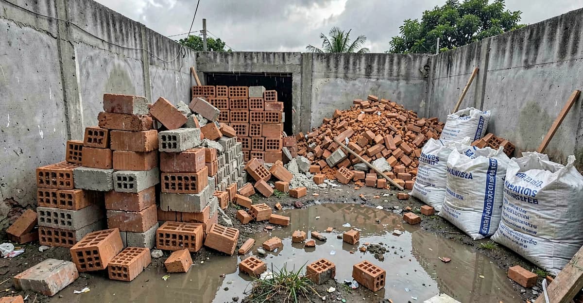 Canteiro de obra brasileira com material desorganizado: blocos quebrando em pilhas altas sem cobertura, tijolos espalhados, água empoçada, sacos de cimento expostos à chuva, demonstrando desperdício real
