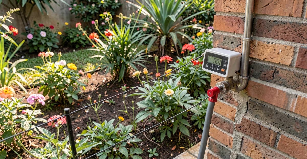 Vista aérea de um jardim brasileiro bem cuidado com mangueira gotejadora instalada entre plantas e flores, timer digital visível acoplado à torneira externa de alvenaria, luz natural de manhã cedo, detalhe nitidez no conector da mangueira e gotejadores vermelho.