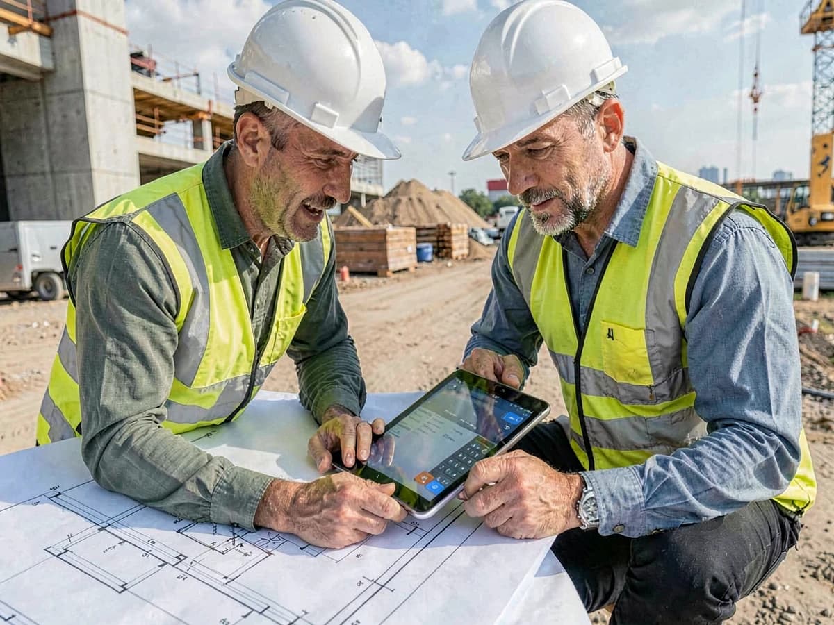 Engenheiro e arquiteto revisando plantas e usando tablet com calculadora no canteiro de obras