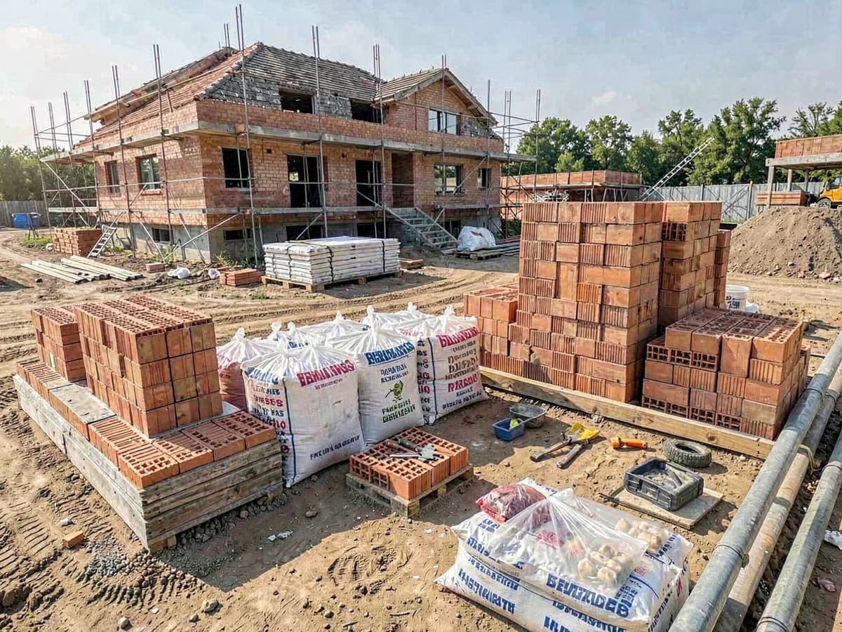 Canteiro de obras com tijolos, sacos de cimento e materiais organizados na fase de construção