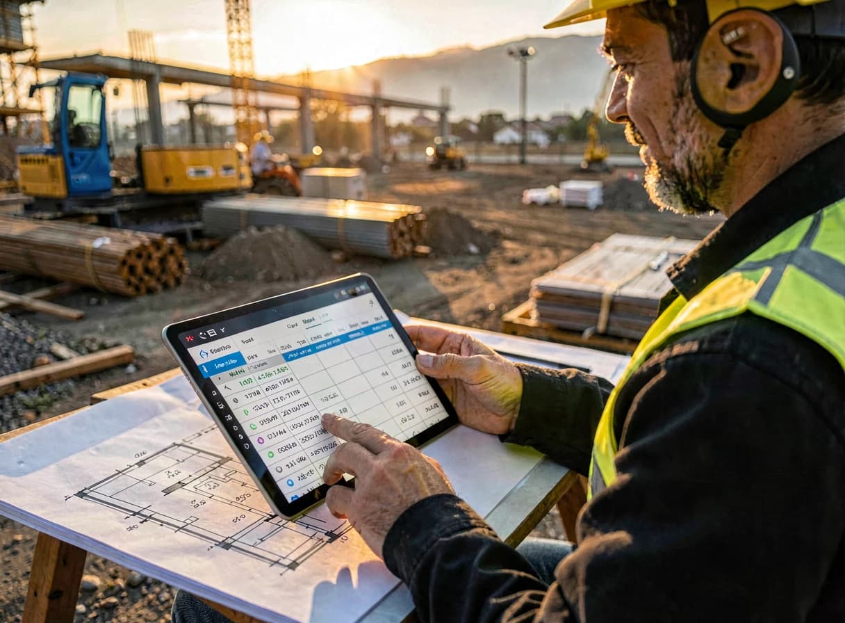Engenheiro conferindo orçamento de obra em um tablet no canteiro