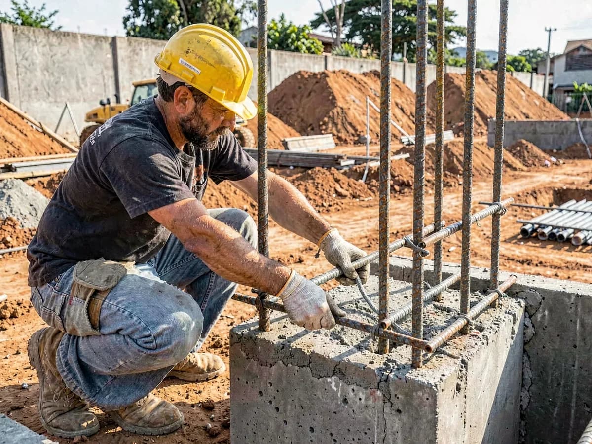 Armador montando ferragem de estrutura de concreto em obra