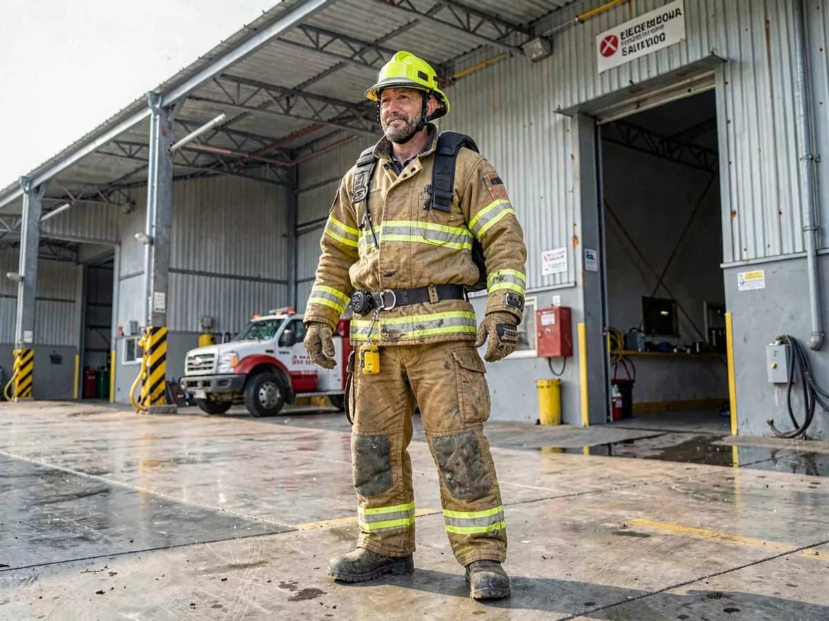 Bombeiro civil em equipamento de proteção em posto de trabalho