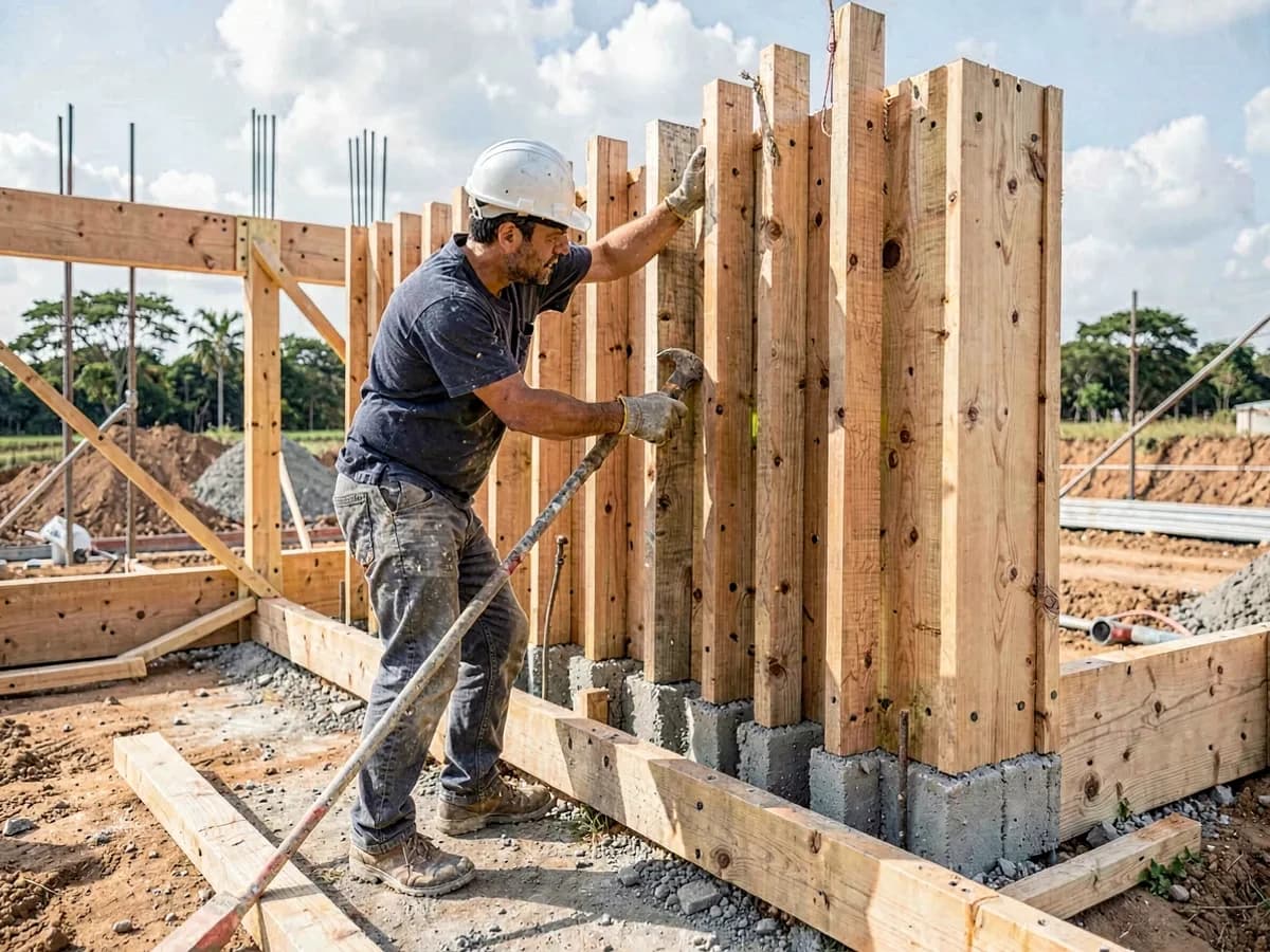 Carpinteiro de obras montando fôrma de madeira para concreto