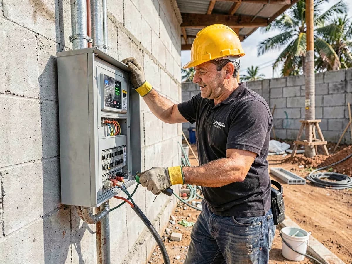 Eletricista fazendo instalação elétrica predial