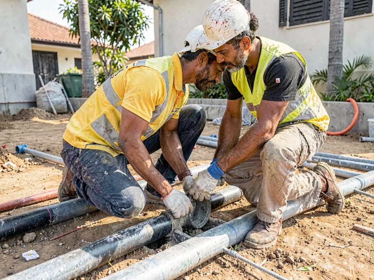 Encanador instalando tubulação hidráulica em obra residencial