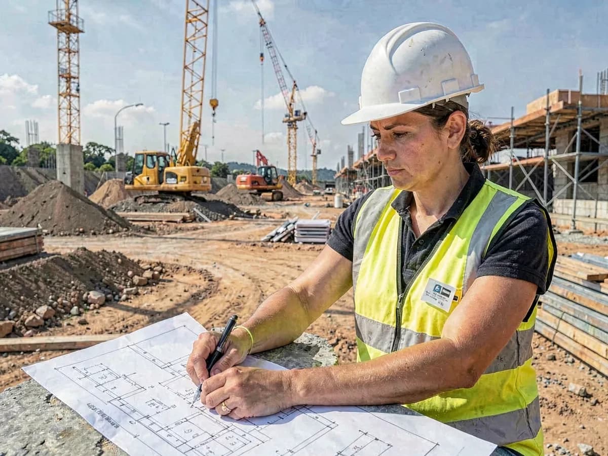 Engenheira civil analisando planta de obra no canteiro