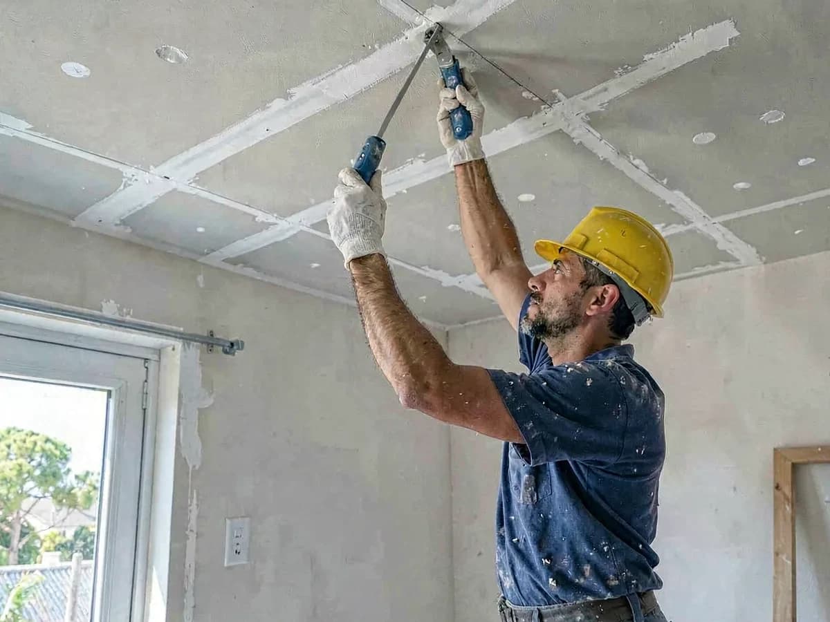 Gesseiro instalando placas de gesso no teto de um ambiente