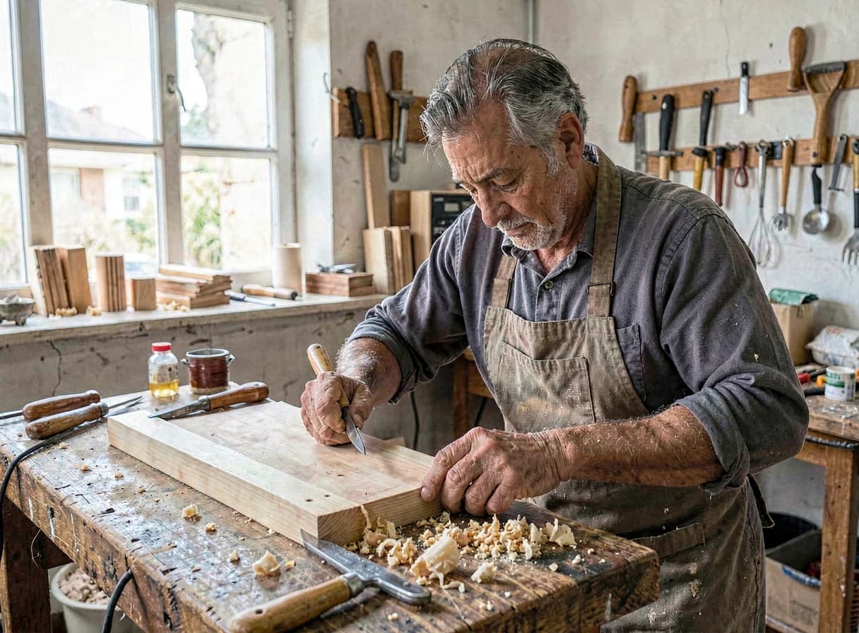 Marceneiro trabalhando em bancada de madeira com ferramentas manuais