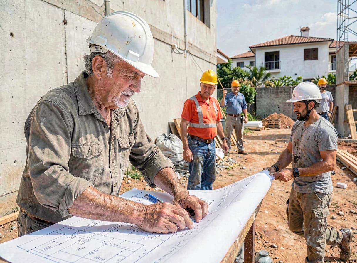 Mestre de obras supervisionando equipe e conferindo planta no canteiro