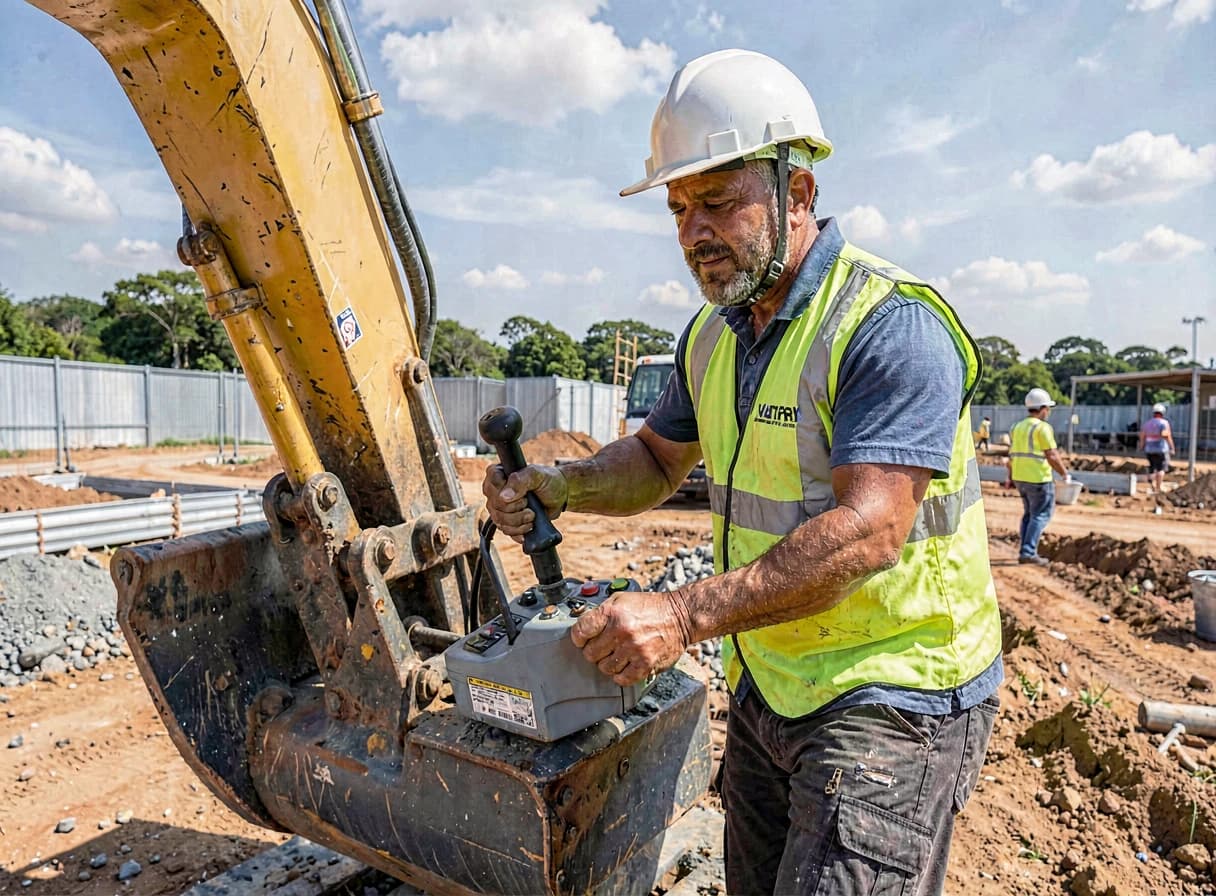 Operador de máquinas pesadas manobrando escavadeira em canteiro de obras