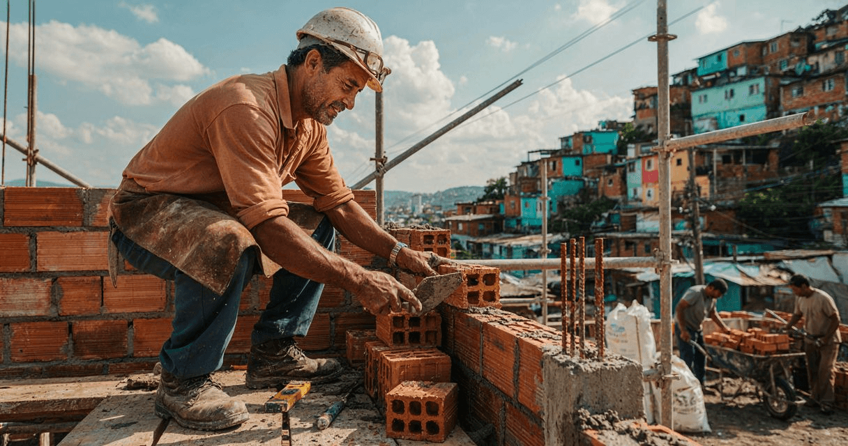 Pedreiro assentando tijolos em obra residencial