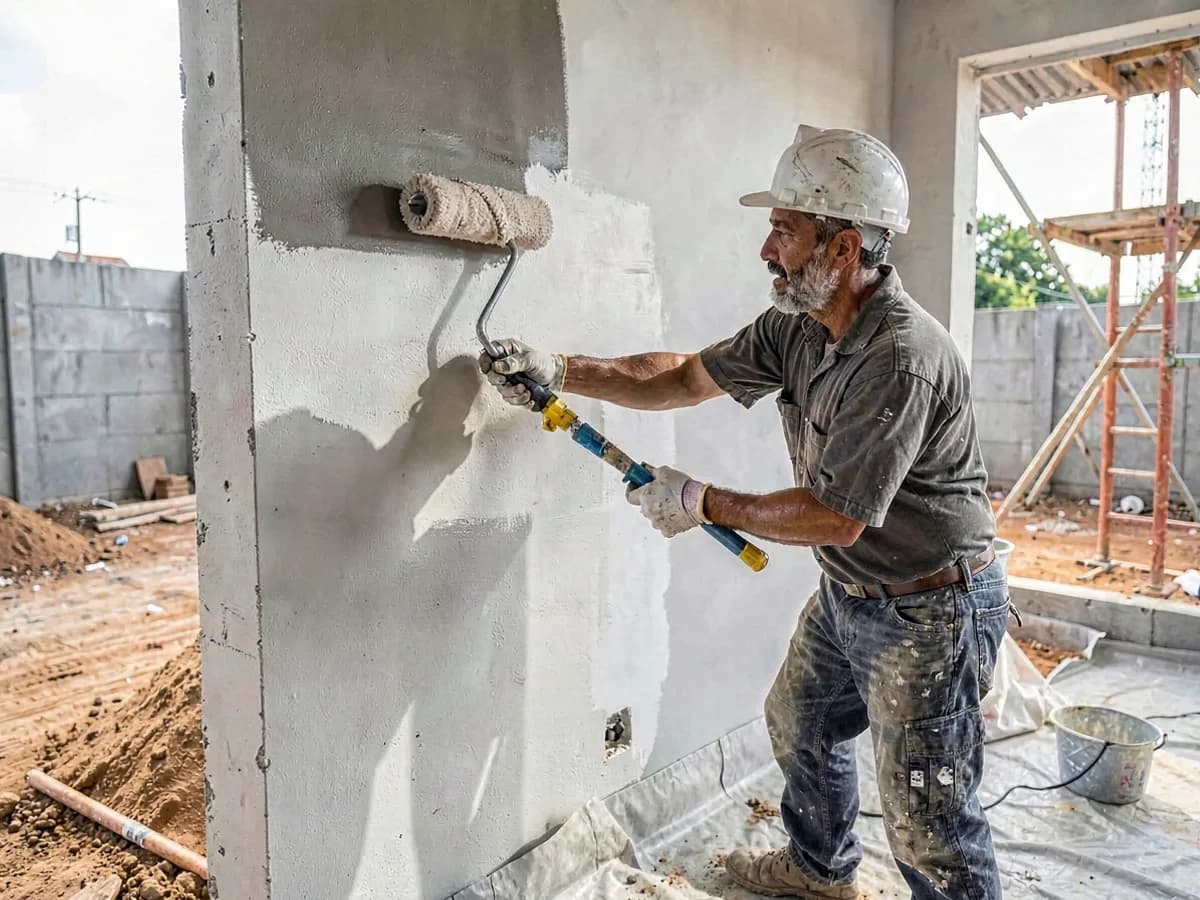 Pintor de obras pintando parede interna com rolo