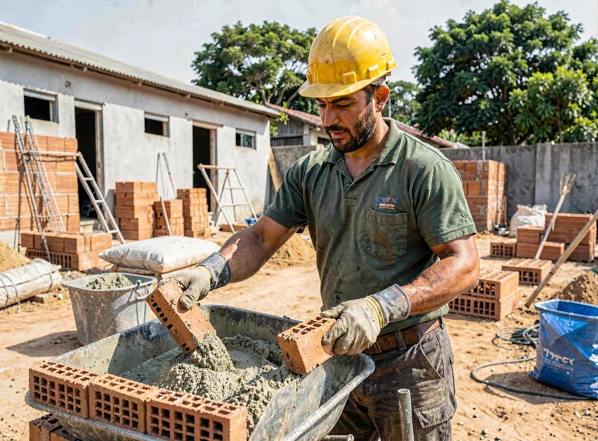 Servente de obras carregando material de construção no canteiro