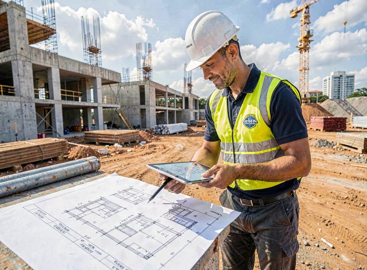 Técnico em edificações analisando planta de projeto em canteiro de obras