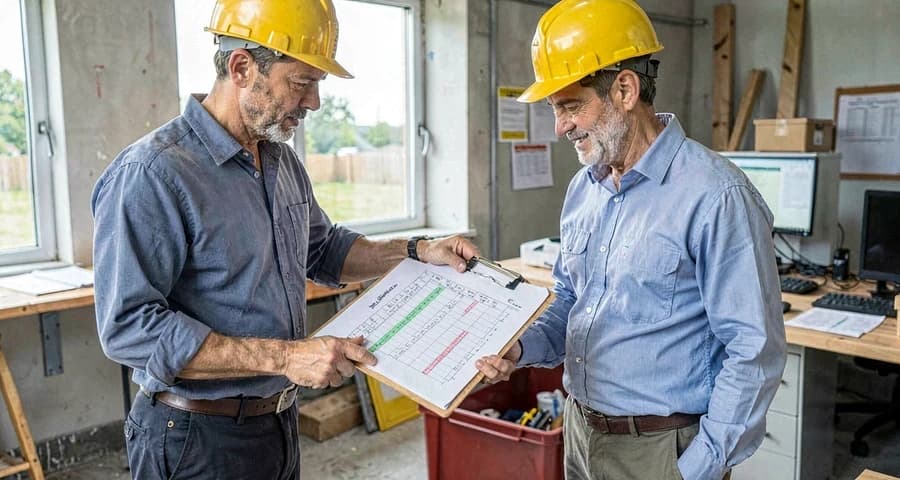 Engenheiro e mestre de obras analisando planilha de custos e planta de obra em canteiro de construção