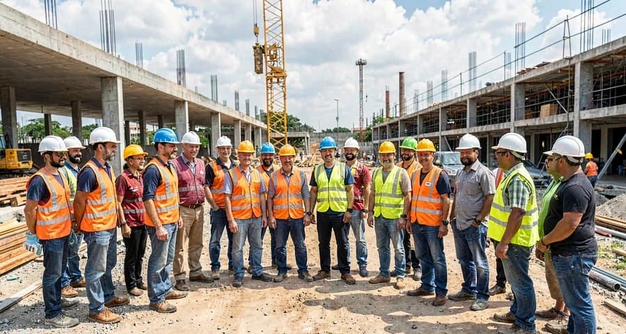 Trabalhadores da construção civil em canteiro de obras, representando dados de emprego e salário do setor no Brasil