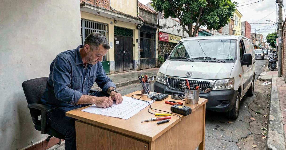 Escritório de pequena construtora com van de ferramentas