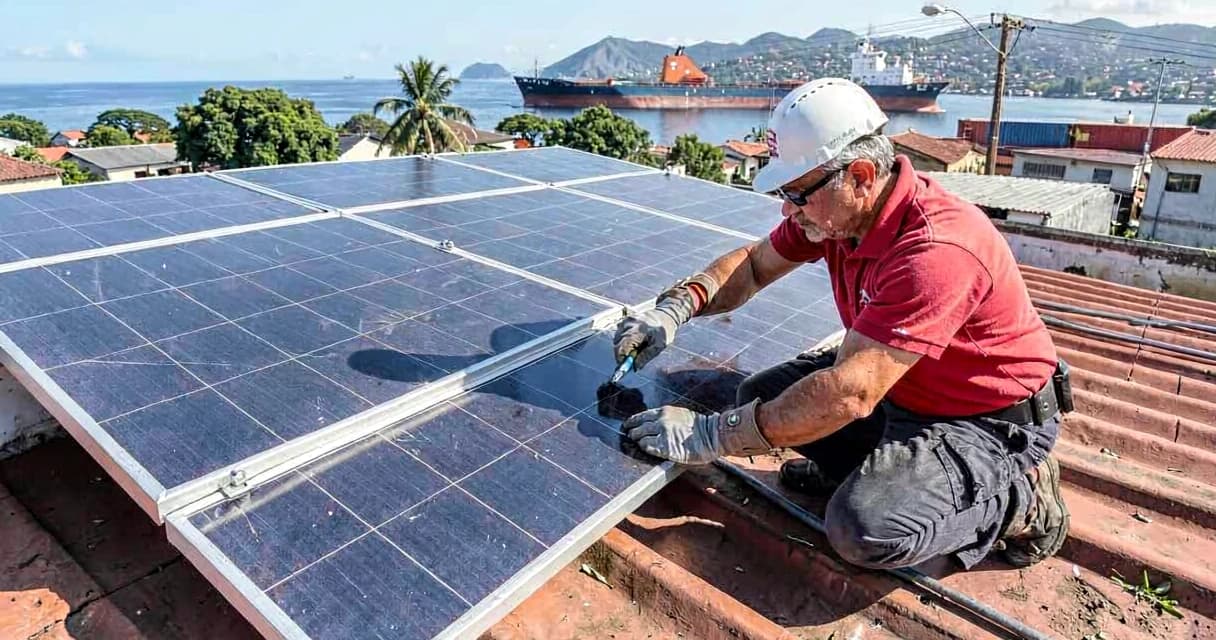 Instalação de painel solar em telhado, com navio cargueiro ao fundo