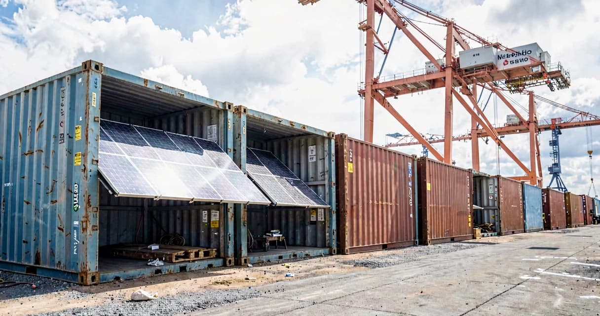 Contêineres com painéis solares sendo descarregados em porto brasileiro