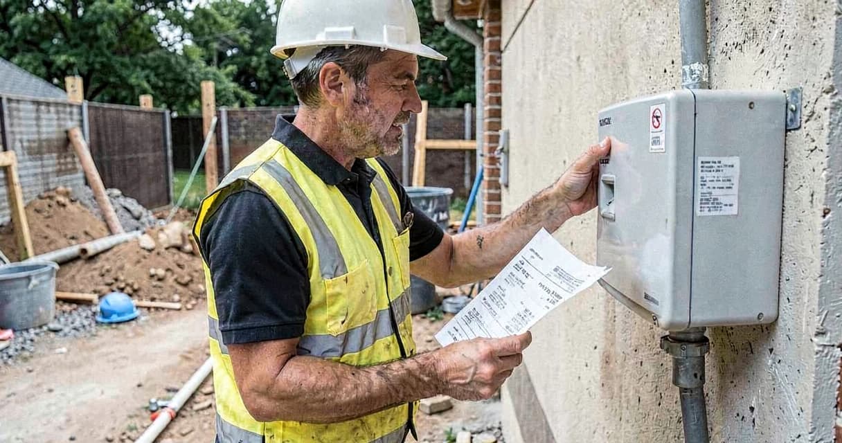 Medidor de energia elétrica sendo conferido em canteiro de obras