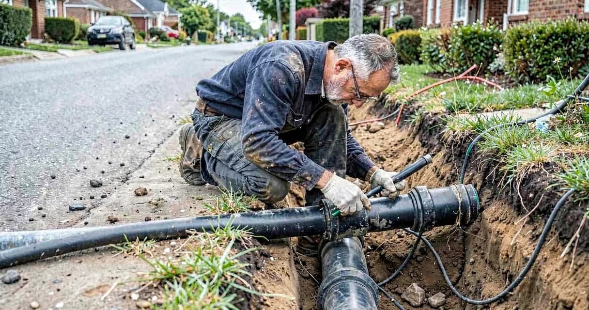 Trabalhador instalando tubulação de esgoto em rua residencial