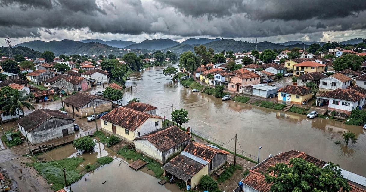 Vista aérea de cidade brasileira parcialmente alagada