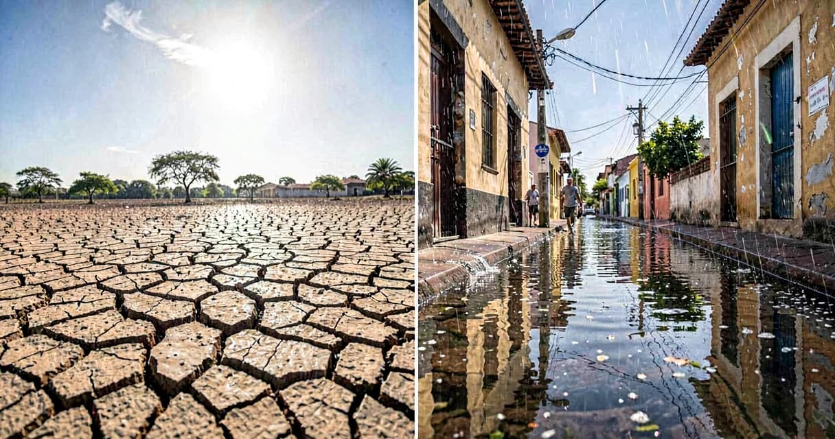 Composição mostrando seca de um lado e enchente do outro