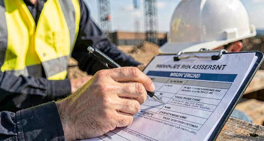 Detalhe de mão preenchendo formulário de avaliação de risco ocupacional em prancheta — NR-1