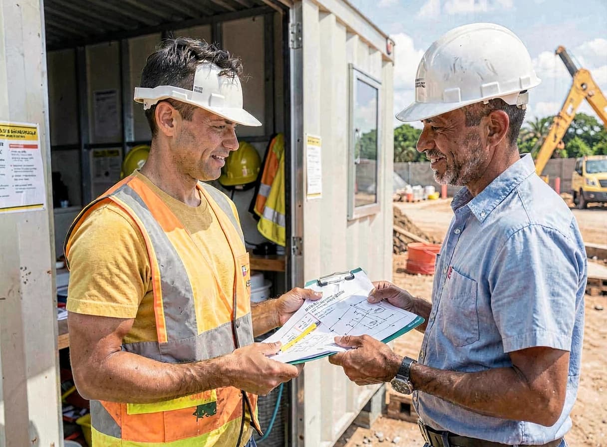 Responsável de obra e trabalhador revisando documento de gerenciamento de riscos em canteiro de obras — NR-1