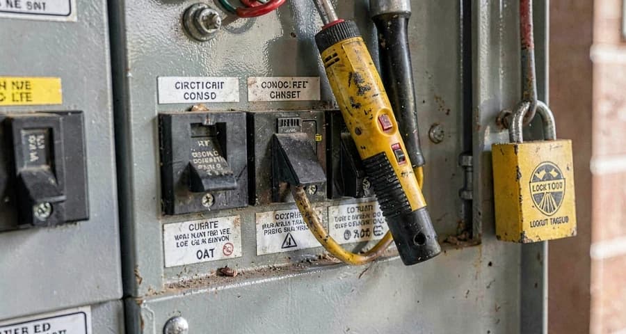 Detalhe de multímetro e ferramentas isolantes sobre painel de distribuição elétrica com cadeado de bloqueio — NR-10