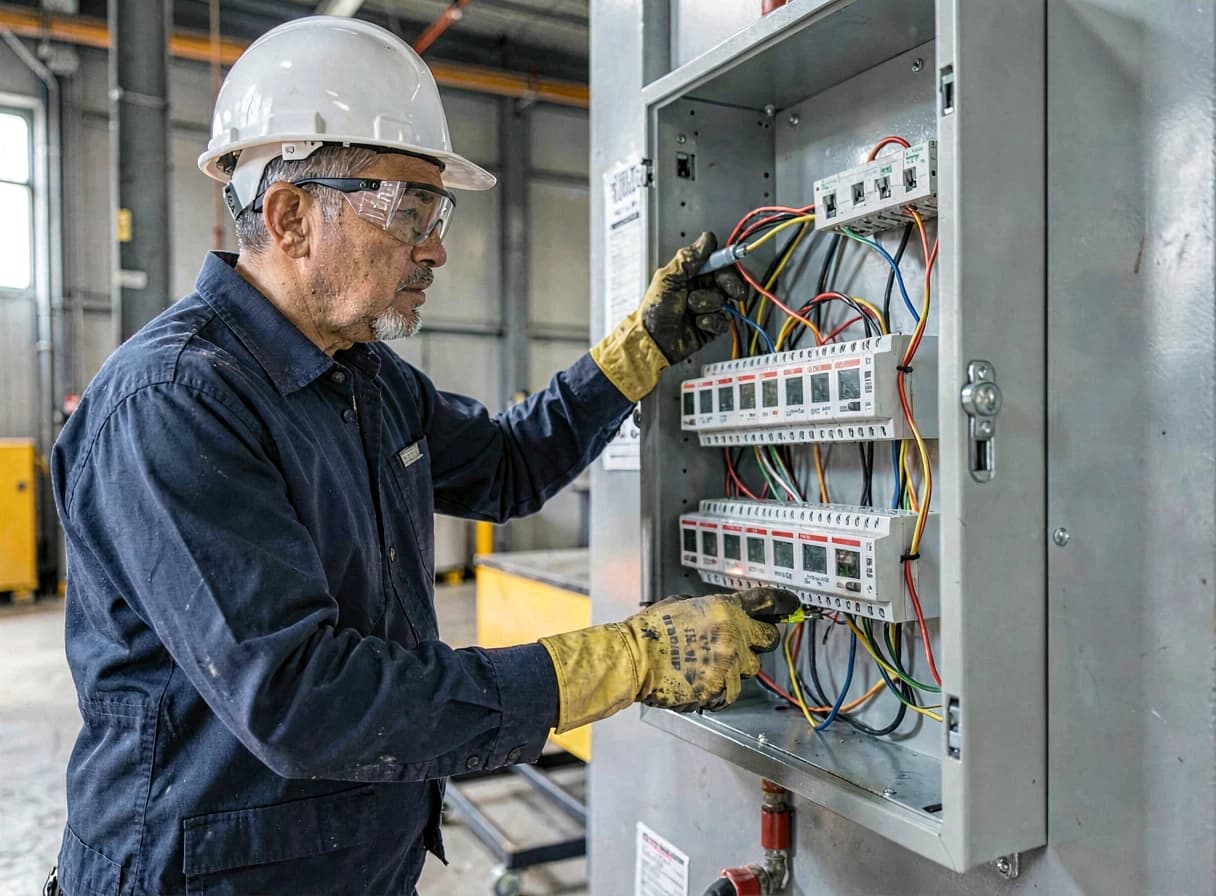 Eletricista com luvas isolantes e óculos de proteção inspecionando painel elétrico aberto com disjuntores — NR-10