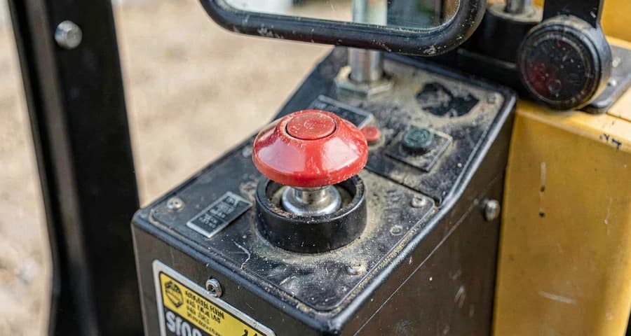 Detalhe de botão de parada de emergência no painel de controle de uma máquina pesada — NR-12
