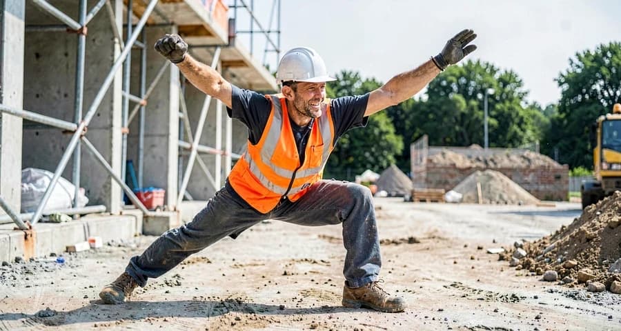 Trabalhador fazendo pausa e alongamento durante o expediente em canteiro de obras — NR-17