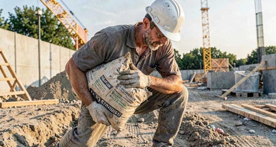 Trabalhador da construção civil levantando saco de cimento próximo ao corpo com postura correta — NR-17 ergonomia