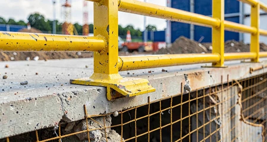 Detalhe de guarda-corpo com travessão intermediário, rodapé e rede de segurança na borda de uma laje em construção — NR-18