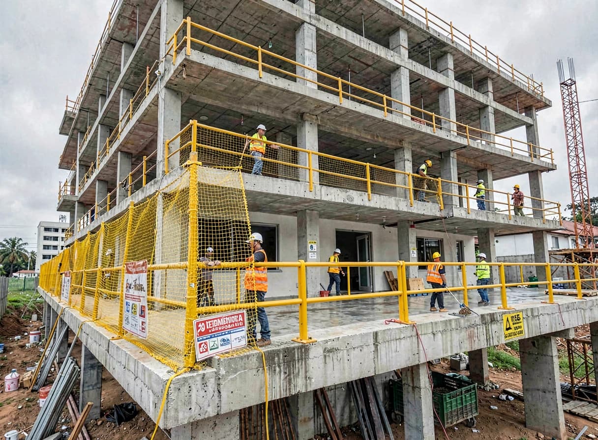 Canteiro de obras com proteção de perímetro contra queda de materiais e guarda-corpo instalado na borda da laje — NR-18